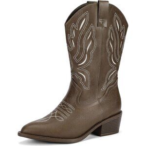 Women Brown Western Boots Mid Calf Embroidery Stitched Pointed Toe Boots